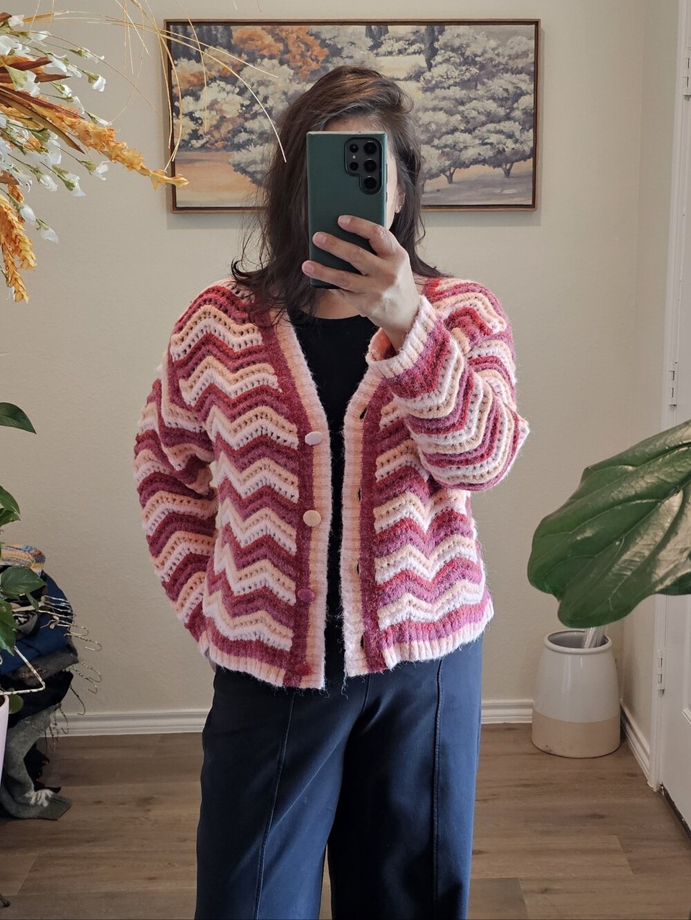 SugarLips Pink Stripe Zig Zag Large Button Knit Cardigan Large